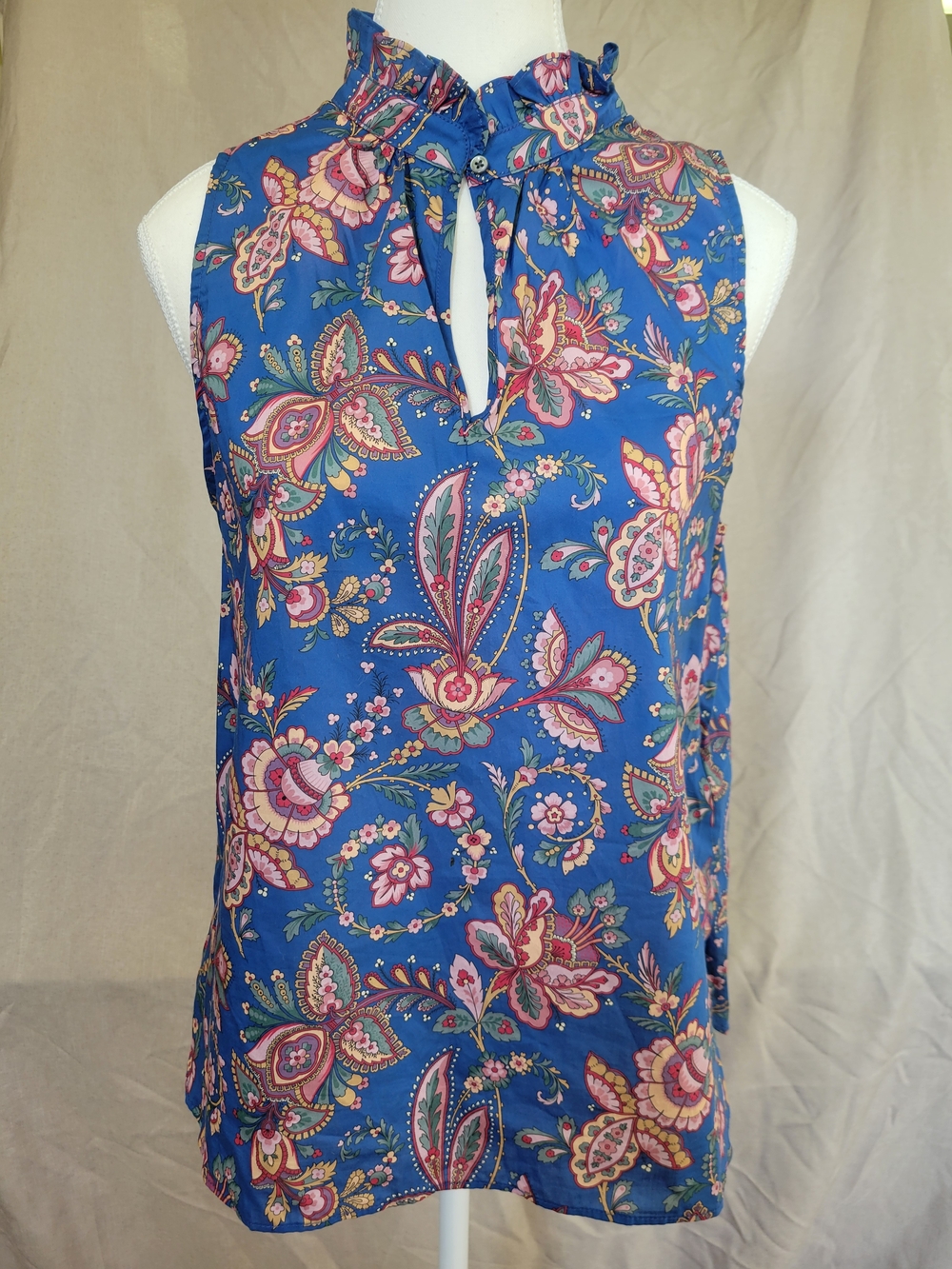 J. Crew W/ Liberty Fabric London Blue Paisley Sleeveless Blouse Cotton Size 8